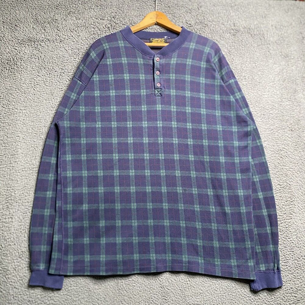 Vintage 80s Eddie Bauer Mens XL Long Sleeve Henley T-Shirt Gun Tartan Plaid